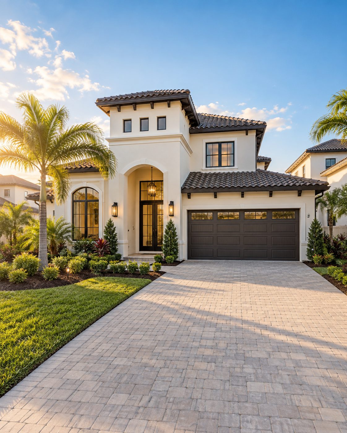 Una casa de dos pisos estilo mediterráneo en el Centro de Florida al atardecer